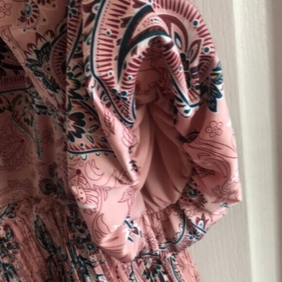 CODE X MODE Dress Paisley Tiered Ruffle Pleated Skirt Pink Green Sz.L - Picture 10 of 12